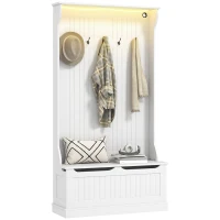 HOMCOM 3-In-1 Entryway Bench with LED Lights and Coat Rack, Hall Tree with Bench and Shoe Storage, 5 Hooks for Hallway White(m-2)
