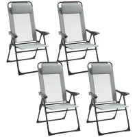 Outsunny Set of 4 Camping Chairs, Outdoor Folding Lounge Chair Set with 5 Level Adjustable Backrest, Removable Headrest, Armrest for Camping, Backyard, Grey(m-2)