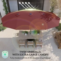 Outsunny Garden Parasol 14.4ft Double-Sided Sun Umbrella with Base, Patio Parasol with LED Solar Lights, Wine Red(m-7)