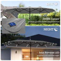 Outsunny Garden Parasol 14.4ft Double-Sided Sun Umbrella with Base, Patio Parasol with LED Solar Lights, Gray(m-4)