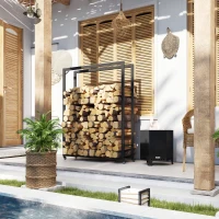 Outsunny Outdoor Firewood Rack with Wheels Heavy Duty Steel Wood Log Storage Stacker for Fireplace, Black(m-8)