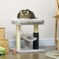 PawHut 19" Cat Tree with Sisal Scratching Post, Cat Tower Condo with Bed, Self Groomer, Perch, Dangling Ball, Grey(m-8)