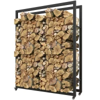 Outsunny Outdoor Firewood Rack with Wheels Heavy Duty Steel Wood Log Storage Stacker for Fireplace, Black(m-2)