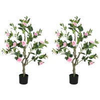 HOMCOM Set of 2 Decorative Artificial Plants, Camellia Flowers in Pots, Fakes Plant for Home Indoor Decor, 39 inch, Pink(m-1)