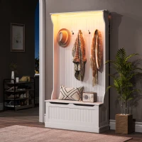 HOMCOM 3-In-1 Entryway Bench with LED Lights and Coat Rack, Hall Tree with Bench and Shoe Storage, 5 Hooks for Hallway White(m-11)