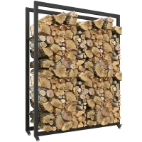 Outsunny Outdoor Firewood Rack with Wheels Heavy Duty Steel Wood Log Storage Stacker for Fireplace, Black(m-11)
