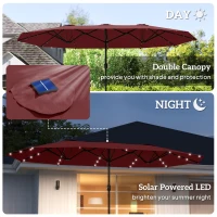 Outsunny Garden Parasol 14.4ft Double-Sided Sun Umbrella with Base, Patio Parasol with LED Solar Lights, Wine Red(m-4)