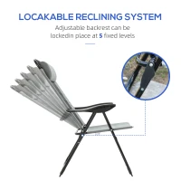 Outsunny Set of 4 Camping Chairs, Outdoor Folding Lounge Chair Set with 5 Level Adjustable Backrest, Removable Headrest, Armrest for Camping, Backyard, Grey(m-5)
