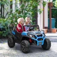 Qaba 2 Seater 24V Electric Car for Kids w/ Remote Control, 3 Speed, LED Lights, Music, Horn, Spring Suspension, Blue(m-8)