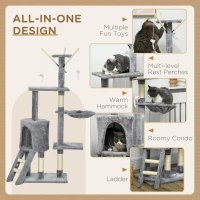 PawHut 53" Cat Tree Tower, Kitten Activity Centre with Scratching Posts, Condo, Perches, Ladder, Hammock, Dangling Toys, Grey(m-7)