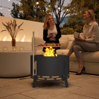 Outsunny Outdoor Fire Pit, Round Firepit with Grill Grate, Fire Bowl with Ash Catcher and Poker for Backyard Camping Bonfire Picnic, Black(m-1)