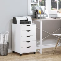 HOMCOM 5 Drawer Home Office Storage Cabinet, Mobile Printer Stand with Nordic Minimalist Modern Style & Wheels, White(m-2)