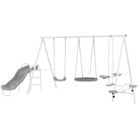 Outsunny 5 in 1 Kids Swing Set for Backyard with Heavy-Duty A-Frame Stand, Saucer Swing, Slide, Seesaw, Glider, Swing Seat, Gray(m-1)