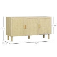 HOMCOM Boho Kitchen Cabinet, Buffet Cabinet with 3 Rattan Doors and Adjustable Shelves for Dining Room, Natural(m-3)