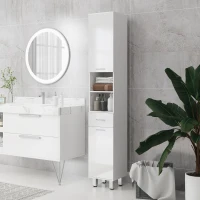 kleankin 71" Tall Bathroom Storage Cabinet, Narrow Linen Tower with Drawer, Open Shelves, 2 Doors Cabinets and Adjustable Shelves, High Gloss White(m-8)