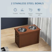 PawHut Elevated Dog Bowls for Large Dogs with Storage 2 Stainless Steel Dog Bowls， Elevated Base for Large Dogs, Brown(m-5)