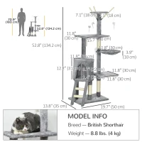 PawHut 53" Cat Tree Tower, Kitten Activity Centre with Scratching Posts, Condo, Perches, Ladder, Hammock, Dangling Toys, Grey(m-3)