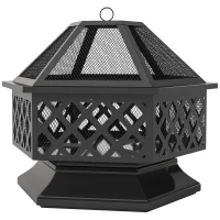 Outsunny 28" Outdoor Fire Pit with Grill Hexagon Fireplace Wood Burning Firepit with Cooking Grate, Fire Poker, Spark Screen Lid(m-1)