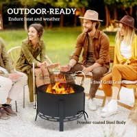 Outsunny Outdoor Fire Pit, Round Firepit with Grill Grate, Fire Bowl with Ash Catcher and Poker for Backyard Camping Bonfire Picnic, Black(m-5)