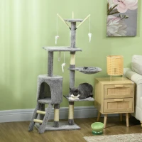 PawHut 53" Cat Tree Tower, Kitten Activity Centre with Scratching Posts, Condo, Perches, Ladder, Hammock, Dangling Toys, Grey(m-8)