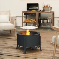 Outsunny Outdoor Fire Pit, Round Firepit with Grill Grate, Fire Bowl with Ash Catcher and Poker for Backyard Camping Bonfire Picnic, Black(m-10)