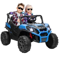 Qaba 2 Seater 24V Electric Car for Kids w/ Remote Control, 3 Speed, LED Lights, Music, Horn, Spring Suspension, Blue(m-11)