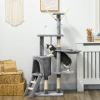 PawHut 53" Cat Tree Tower, Kitten Activity Centre with Scratching Posts, Condo, Perches, Ladder, Hammock, Dangling Toys, Grey(m-1)