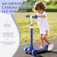 Qaba 3 Wheel Kids Scooter, Toddler Kick Scooter with Adjustable Height, Rear-Fender Brake, LED Light, TPE Handlebar, Blue(m-7)