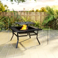 Outsunny Square Outdoor Fire Pit Firepit with Adjustable Grill Grate, Wood Fire Pit with Adjustable Foot Pads, Outer Ledge, Poker for Backyard Bonfire Picnic, Black(m-3)