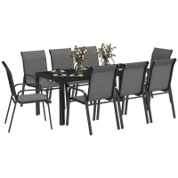 Outsunny 9 Pieces Patio Set with Stackable Chairs, Patio Dining Set with Glass Top for Garden, Patio, Backyard, Grey(m-11)