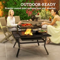 Outsunny Square Outdoor Fire Pit Firepit with Adjustable Grill Grate, Wood Fire Pit with Adjustable Foot Pads, Outer Ledge, Poker for Backyard Bonfire Picnic, Black(m-9)