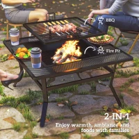 Outsunny Square Outdoor Fire Pit Firepit with Adjustable Grill Grate, Wood Fire Pit with Adjustable Foot Pads, Outer Ledge, Poker for Backyard Bonfire Picnic, Black(m-4)