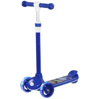 Qaba 3 Wheel Kids Scooter, Toddler Kick Scooter with Adjustable Height, Rear-Fender Brake, LED Light, TPE Handlebar, Blue(m-2)