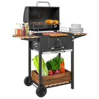 Outsunny 20" Charcoal BBQ Grill Barbecue on Wheels with Adjustable Charcoal Pan, Spacious Cooking Area, 3 Shelves, Thermometer(m-11)