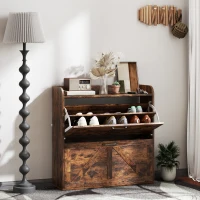 HOMCOM Narrow Shoe Storage Cabinet, Farmhouse Slim Shoe Cabinet with 2 Flip Drawers, Adjustable Shelves, Rustic Brown(m-1)