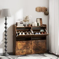 HOMCOM Narrow Shoe Storage Cabinet with 4 Flip Drawers, Adjustable Shelves, 16 Pair Farmhouse Shoe Cabinet, Rustic Brown(m-1)