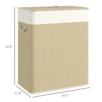 HOMCOM Double Laundry Basket with Lid, 26.4 Gallon Bamboo Laundry Hamper with Rope Handles and Removable Liner, Natural(m-3)