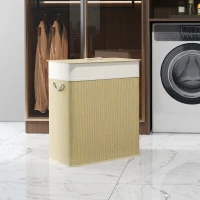 HOMCOM Double Laundry Basket with Lid, 26.4 Gallon Bamboo Laundry Hamper with Rope Handles and Removable Liner, Natural(m-10)