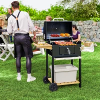 Outsunny Charcoal BBQ Grill, Outdoor Portable Cooker for Camping or Backyard Picnic, Barbecue Grill with Side Table, Bottom Storage Shelf, Wheels and Handle, Black(m-10)