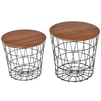 HOMCOM End Tables Set of 2, Nesting Tables with Storage, Round Accent Side Tables with Removable Top for Living Room,  Black/ Brown(m-11)