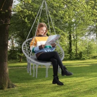 Outsunny Patio Hammock Chair, Hanging Rope Hammock Swing for Indoor & Outdoor Use with Backrest, Cotton-Polyester Blend, Fringe Tassels, Light Grey(m-1)
