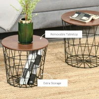 HOMCOM End Tables Set of 2, Nesting Tables with Storage, Round Accent Side Tables with Removable Top for Living Room,  Black/ Brown(m-5)