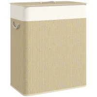HOMCOM Double Laundry Basket with Lid, 26.4 Gallon Bamboo Laundry Hamper with Rope Handles and Removable Liner, Natural(m-11)