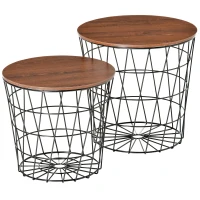 HOMCOM End Tables Set of 2, Nesting Tables with Storage, Round Accent Side Tables with Removable Top for Living Room,  Black/ Brown(m-1)