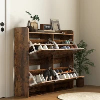 HOMCOM Narrow Shoe Storage Cabinet with 4 Flip Drawers, Adjustable Shelves, 16 Pair Farmhouse Shoe Cabinet, Rustic Brown(m-9)