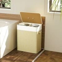 HOMCOM Double Laundry Basket with Lid, 26.4 Gallon Bamboo Laundry Hamper with Rope Handles and Removable Liner, Natural(m-8)