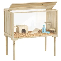 PawHut Wooden Hamster Cage with Legs, Gerbil Cage for Syrian, Dwarf, Mouse, 28" x 16" x 29.5", Nature Wood(m-11)