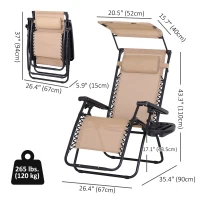 Outsunny Outdoor Zero Gravity Reclining Lounger Chair with Canopy Shade, Side Tray, Cupholder, Beige(m-3)