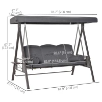 Outsunny Outdoor Patio 3-Person Steel Canopy Cushioned Seat Bench Swing with Included Side Trays & Padded Comfort, Dark Grey(m-3)