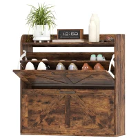 HOMCOM Narrow Shoe Storage Cabinet, Farmhouse Slim Shoe Cabinet with 2 Flip Drawers, Adjustable Shelves, Rustic Brown(m-2)